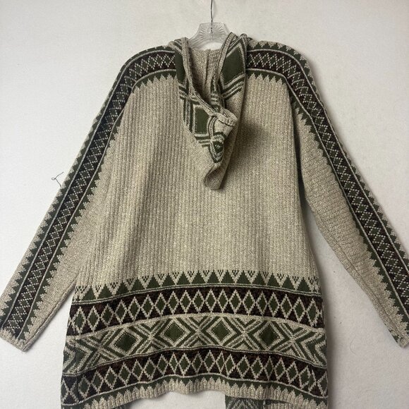 Lucky Brand Cardigan Sweater Women L Green Tan Tribal Hooded Open Front Chunky - Picture 6 of 6